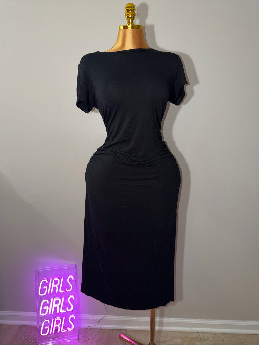 Classic Black Short-Sleeve Midi Dress